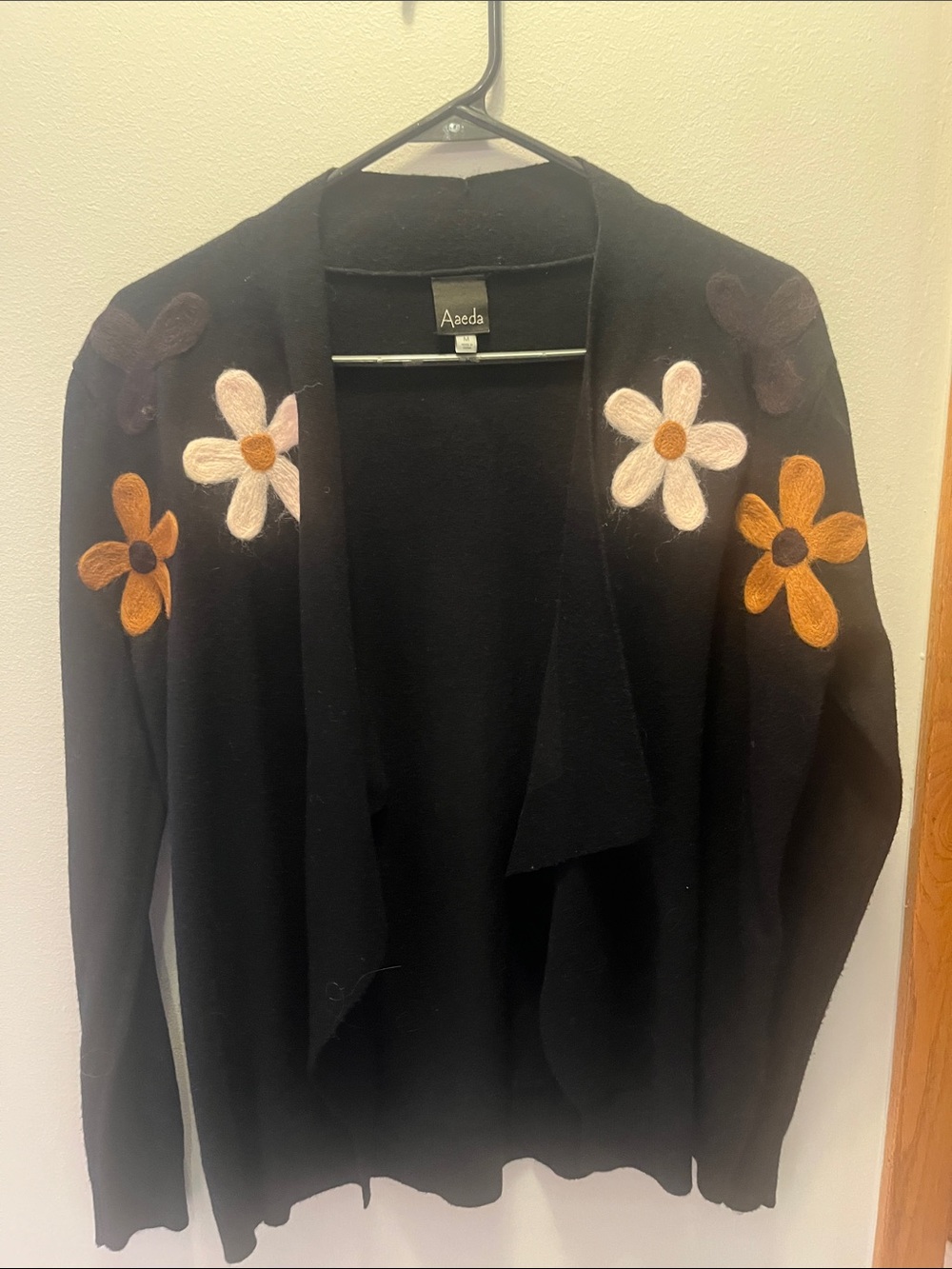 Aaeda Black Open-Front Cardigan with Floral Appliqués